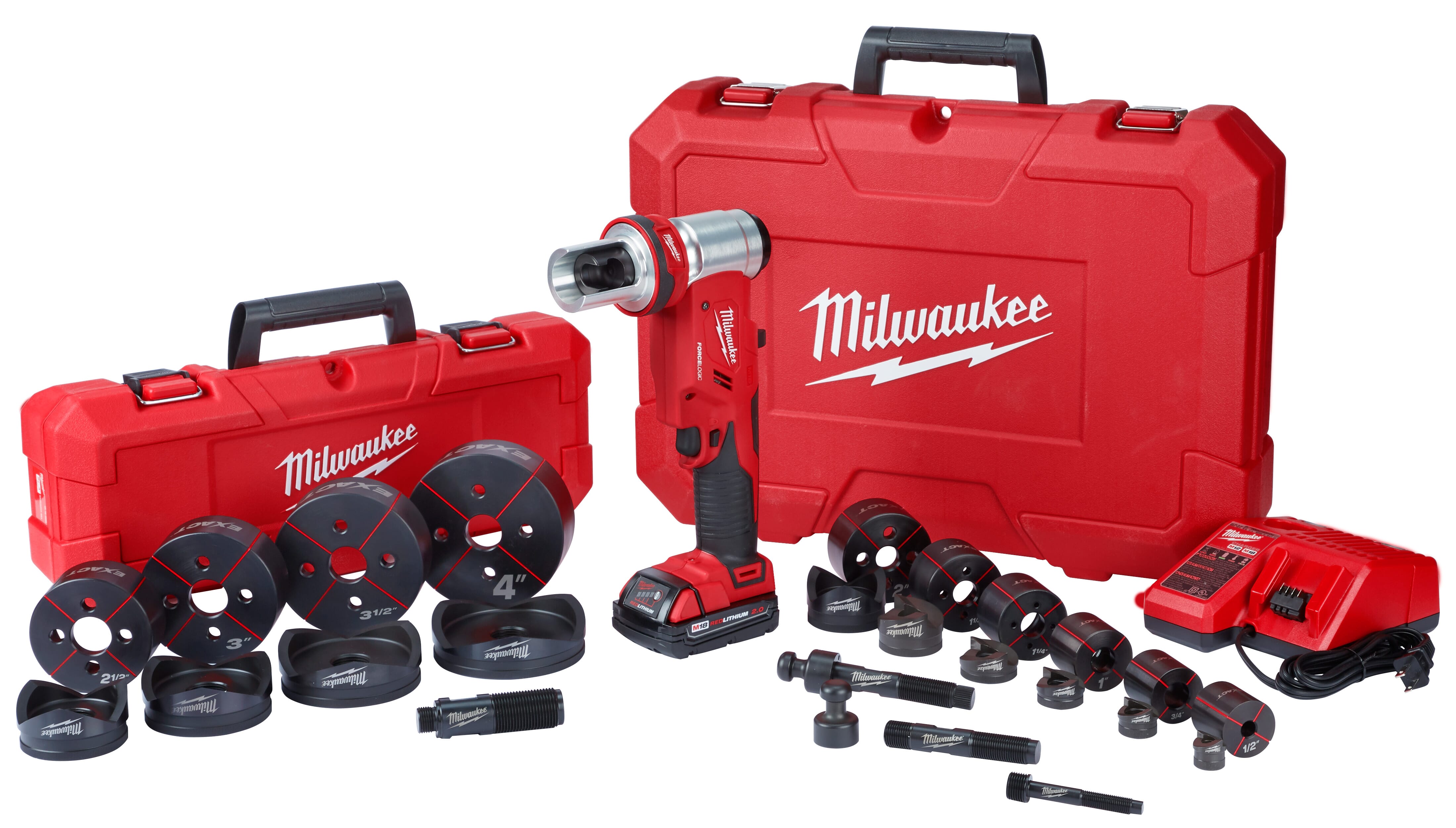 Milwaukee® M18™ FORCE LOGIC™ 2677-23 Knockout Tool Kit, 14 ga THK, 1/2 to 4 in Capacity Mild Steel, 18 VAC, For Use With M18™ Batteries, Mild Steel/Stainless Steel